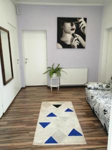 a living room with a couch and a rug at Violet House in Turda