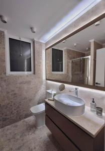 uma casa de banho com um lavatório, um WC e um espelho. em Mini City Escape in Ilha de Rhodes
