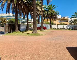 um parque de estacionamento com palmeiras e um edifício em Hotel Concorde em Punta del Este