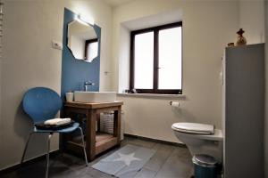 ein Badezimmer mit einem Waschbecken, einem WC und einem Spiegel in der Unterkunft OLD SQUARE HOUSE - HIŠA NA STAREM TRGU in Tolmin