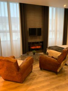 a living room with two chairs and a fireplace at La Clé des Plaisirs in Chambéry