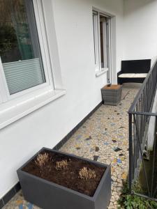een patio met een bloempot naast een raam bij Saarland Appartements Losheim-Rimlingen in Rimlingen