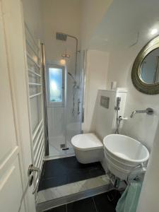 ein Bad mit einem Waschbecken, einem WC und einer Dusche in der Unterkunft La Mansarda dei poeti La Spezia Cinque Terre in La Spezia