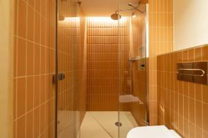 uma casa de banho com uma cabina de duche em vidro e um WC. em Jardinets De Gràcia by The 5ve Soul em Barcelona