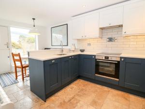 a kitchen with blue cabinets and a sink and a stove at Arwel in Pwllheli