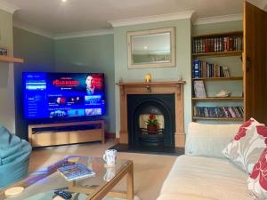 a living room with a fireplace and a tv at Rockhopper Cottage, Waldringfield in Woodbridge