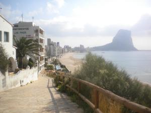 vistas a una playa con una montaña en el fondo en Apartamentos Los Pinos, en Calpe