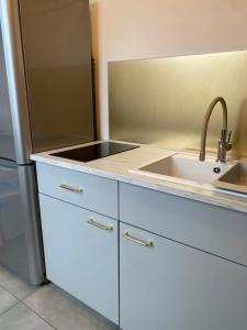 a kitchen with a sink and a refrigerator at New Life Apartment next to Metro Station in Warsaw