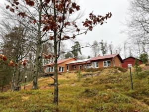 a house on top of a hill in a field at Fantastic holiday home with own lake plot by Bolmen, Ljungby in Ljungby