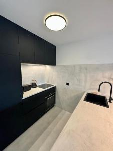 eine Küche mit schwarzen Schränken und einem Waschbecken in der Unterkunft Santa Rita Sunset & Beach Apartment in Maceira