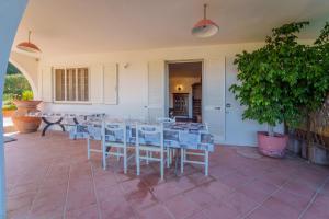 un patio con tavoli, sedie e un albero di La Palazzina nel Verde - Goelba a Campo nell'Elba