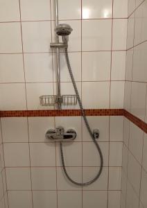 La salle de bains carrelée est pourvue d'une douche et d'un tuyau. dans l'établissement Casa Rossa Apartment, à Portorož