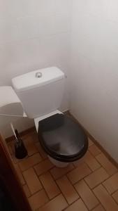 baño con aseo y asiento negro en Petite maison ploufragan en Ploufragan