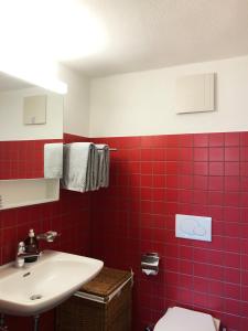 a red tiled bathroom with a sink and a toilet at Ches'Arsa 2 in La Punt-Chamues-ch