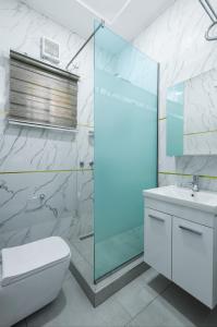 a bathroom with a shower and a toilet and a sink at BKT Cribs - Apartments & Suites in Abuja