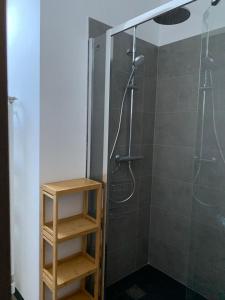 La salle de bains est pourvue d'une douche avec une porte en verre. dans l'établissement Maison de campagne chez Tatiana, à Adé