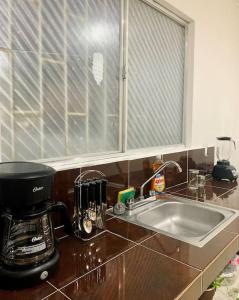 a kitchen counter with a mixer and a sink at Casa Daniel confortable in Palenque