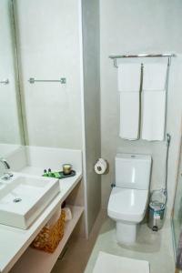 a bathroom with a white toilet and a sink at Casarão Alpina in Mucugê