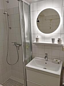 La salle de bains est pourvue d'une douche, d'un lavabo et d'un miroir. dans l'établissement Ferienwohnung Spitzstein Bentz, à Sachrang