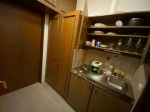 a small kitchen with a sink and a counter at Dachstein Panorama-Lodge in Bad Goisern