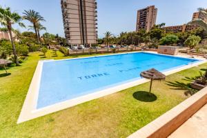ein großer Pool in einer Rasenfläche neben einem Gebäude in der Unterkunft Estudio con increíbles vistas a la Playa + Piscina in Aguadulce