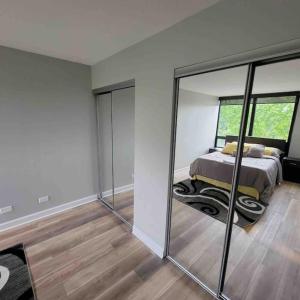 um quarto com uma cama e um espelho grande em Affordable One Bedroom Rockford em Rockford