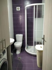 a purple bathroom with a toilet and a shower at Alkyonis house in Triovasálos