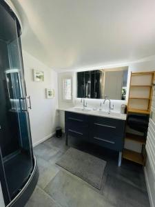 uma casa de banho com um lavatório e um chuveiro em Maison + piscine à 10 min d'Aix en Pce em Meyreuil