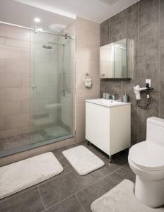 a bathroom with a shower and a toilet and a sink at Modern Spacious Apartment in Chelsea in New York