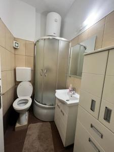 a small bathroom with a toilet and a sink at Hardy's Apartment in Belgrade