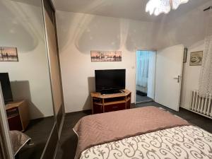 a bedroom with a bed and a flat screen tv at Hardy's Apartment in Belgrade