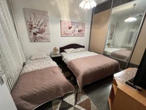 1 dormitorio con 2 camas y espejo en Hardy's Apartment, en Belgrado