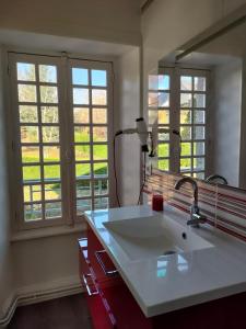 a kitchen with a sink and two windows at Chateau Ol Puech in Vic-sur-Cère
