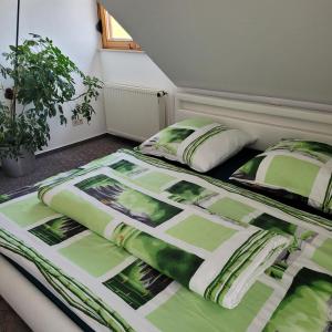 a bed with a green comforter in a room at Ferienwohnung im Schwarzwaldhaus in Behla
