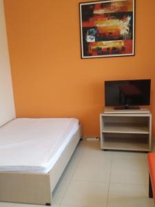 um quarto com uma cama e uma televisão de ecrã plano em Family House em Agios Nikolaos