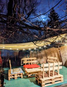 a patio with wooden benches and a canopy with lights at Re-Born Hostel in Timişoara