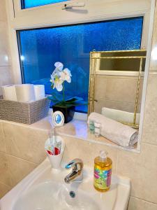a bathroom with a sink with a mirror and a sink at Stylish Cosy Studio Apartment in Kent