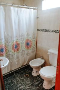 a bathroom with a toilet and a shower curtain at Departamentos KAYLU in El Bolsón