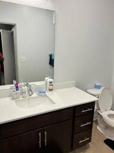 a bathroom with a sink and a toilet at Private Bedroom Fountain Square - Shared in Indianapolis