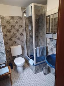 a bathroom with a toilet and a shower and a sink at Gasthaus zur Linde in Staufenberg