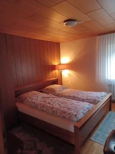 a bedroom with a bed with a lamp on it at Gasthaus zur Linde in Staufenberg