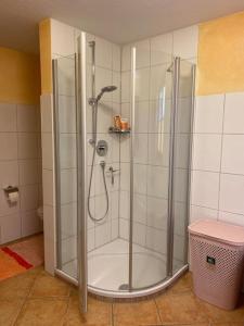 a shower with a glass door in a bathroom at Allgäuer Dorfleben in Missen-Wilhams