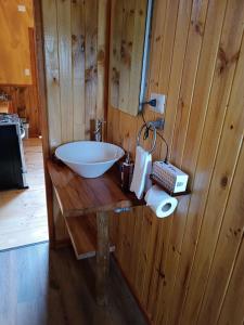 een badkamer met een houten muur en een wastafel op een tafel bij Cumbres del poicas in Cochamó