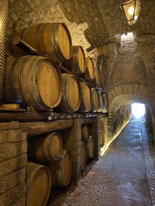 a bunch of barrels are stacked in a tunnel at Tenute del Gheppio in Dugenta