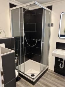 a glass shower in a bathroom with a sink at Nordsee 08 Helgoland in Duhnen