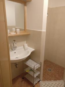 a bathroom with a sink and a mirror at Tomasoethof in Castelrotto