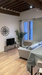 uma sala de estar com um sofá e uma televisão em ARQUEBUSE proche gare em Dijon