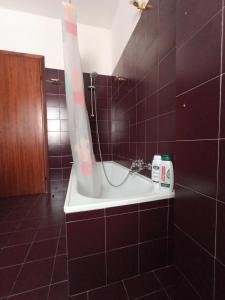bagno con doccia e lavandino con tenda per la doccia di Casa Doretta - Camere Rooms a Verona