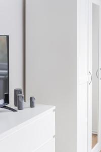 een woonkamer met een tv op een witte plank bij Homely apartment - 10 minutes to Stephansplatz in Wenen