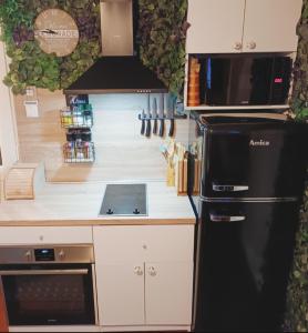 a kitchen with a black refrigerator and a microwave at Honey house Lika in Gospić